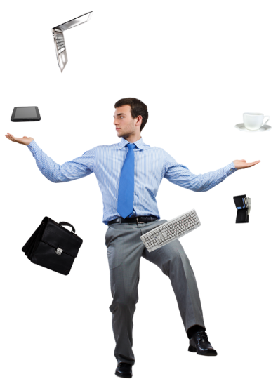 Un homme en costume qui jongle avec café, clavier, ordinateur portable, besace