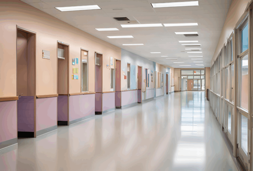 Un couloir d'établissement scolaire avec plein de portes les unes à la suite des autres